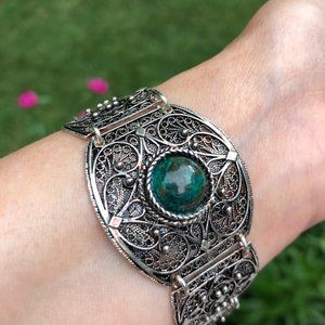 .925 Sterling Silver Eilat Round Stone Filigree Graduated 7 Sections Bracelet